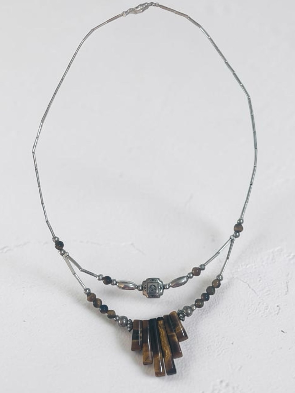Genuine Tgr brown beads Bar Pendant Necklace in Brown and Silver - Picture 4 of 8